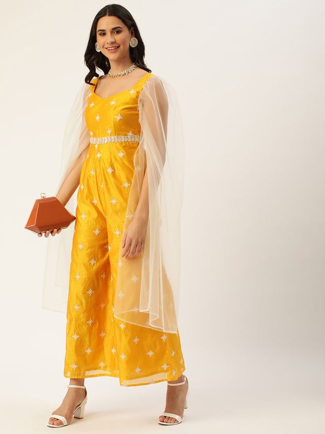 Bollywood Vogue Ready To Wear Yellow Art Silk Embroidered Jumpsuit