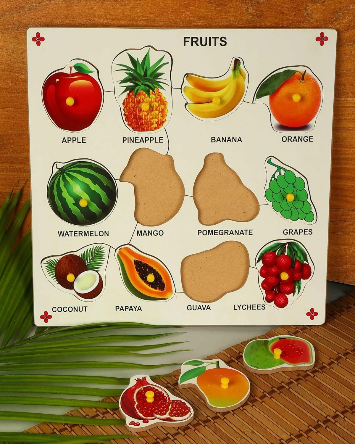 AV MART Kids Educational Fruit Name Puzzle on Wooden Board (12 Different Fruits) (12X12 INCH) - HalfPe