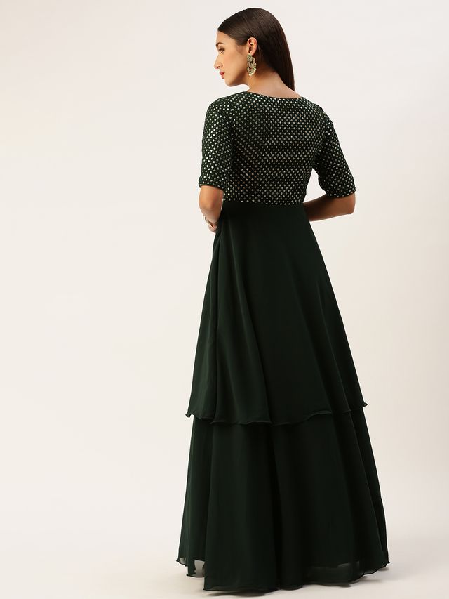 Bollywood Vogue Ready To Wear Green Georgette Embroidered Layered Gown