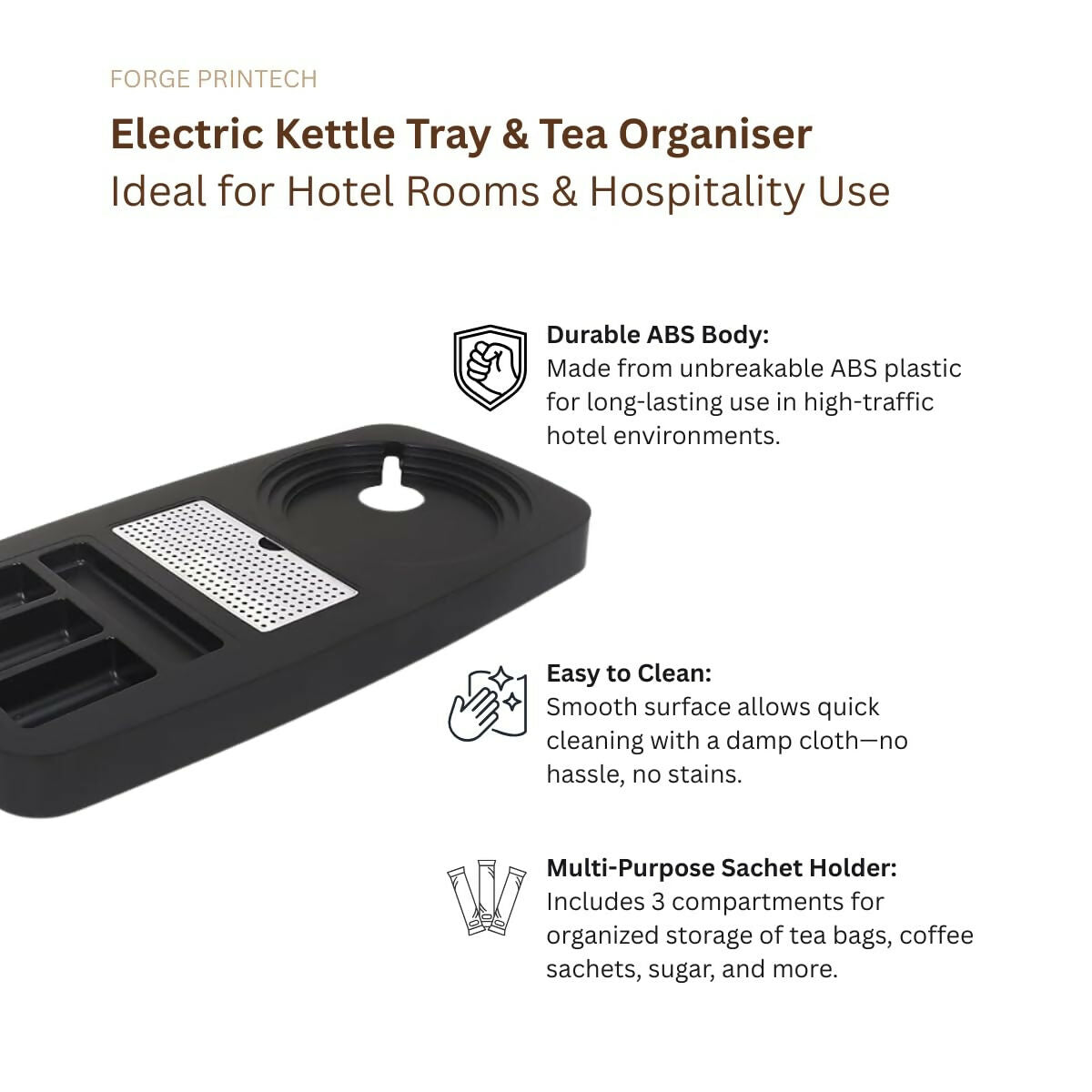 Tea Serving Tray Set for Electric Kettle, Hotel Tray for Tea Bags and Kettle, Made ABS, Lightweight