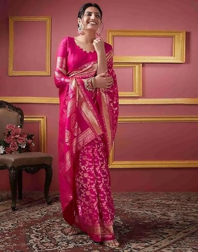 AXONIT Soft Silk Saree with Golden Zari Floral & Peacock Weaving