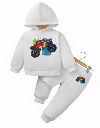 Kids rugged red monster truck Printed White Cotton Blend Hoodie & Jogger Set Luck Fashion