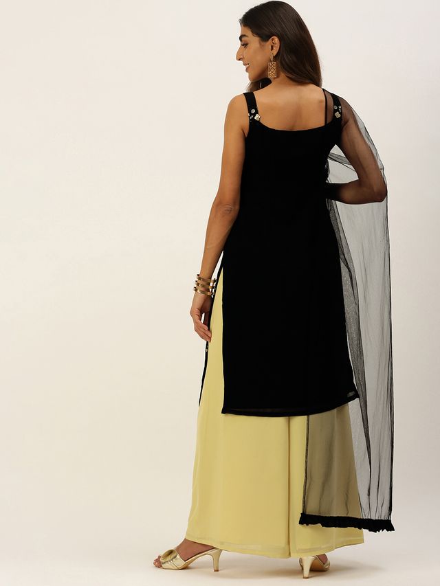 Bollywood Vogue Ready To Wear Black Embroidered N Beige Palazzo Set