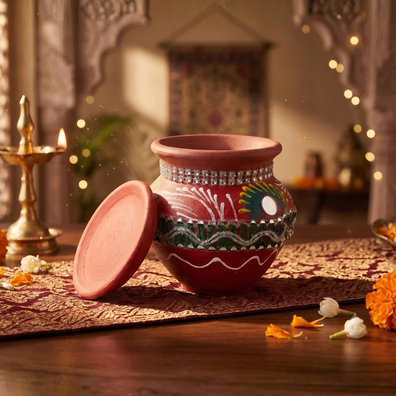 Santarms Hand-Painted Terracotta Storage Jar – Ethnic Pottery Kalash for Home Décor,(Height 11 InchP), Brown