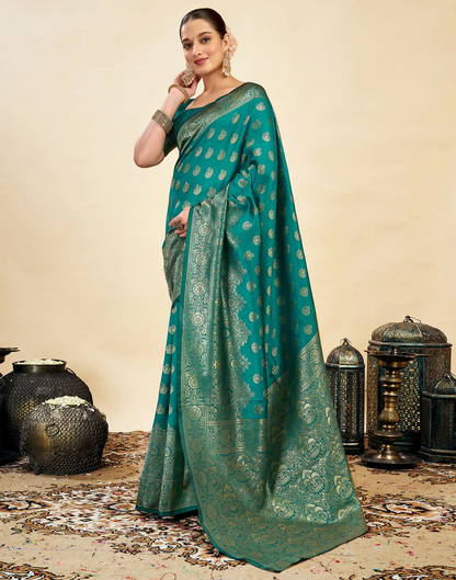 Royal Emerald Jacquard Saree with Golden Zari Work & Heavy Brocade Border
