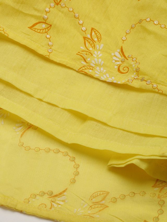 Bollywood Vogue Ready To Wear Yellow Foil Printed Art Silk Gathered Lehenga