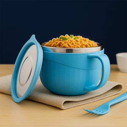 Apex Insulated Stainless Steel Hot-X-Bowl with Airtight Lid, Outer PP Layer, and Integrated Spoon/Fork Set (Approx 700 Ml)