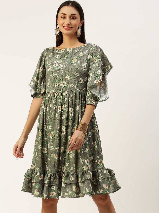 Bollywood Vogue Ready To Wear Mehndi Green Georgette Printed Dress