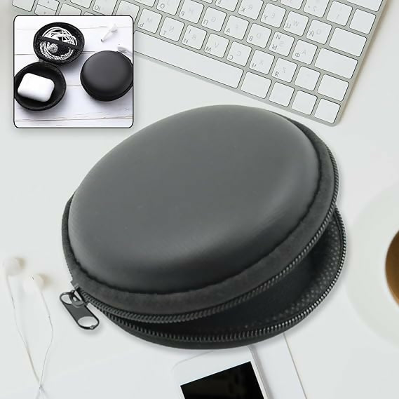 Round Earphone & Accessories Carry Case Compact Pouch for Cables, Coins & AirPods