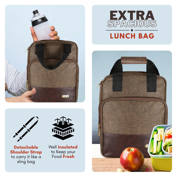 Khakhi-Chocolate Faux Leather & PVC with Detachable strap Tiffin bag - HalfPe