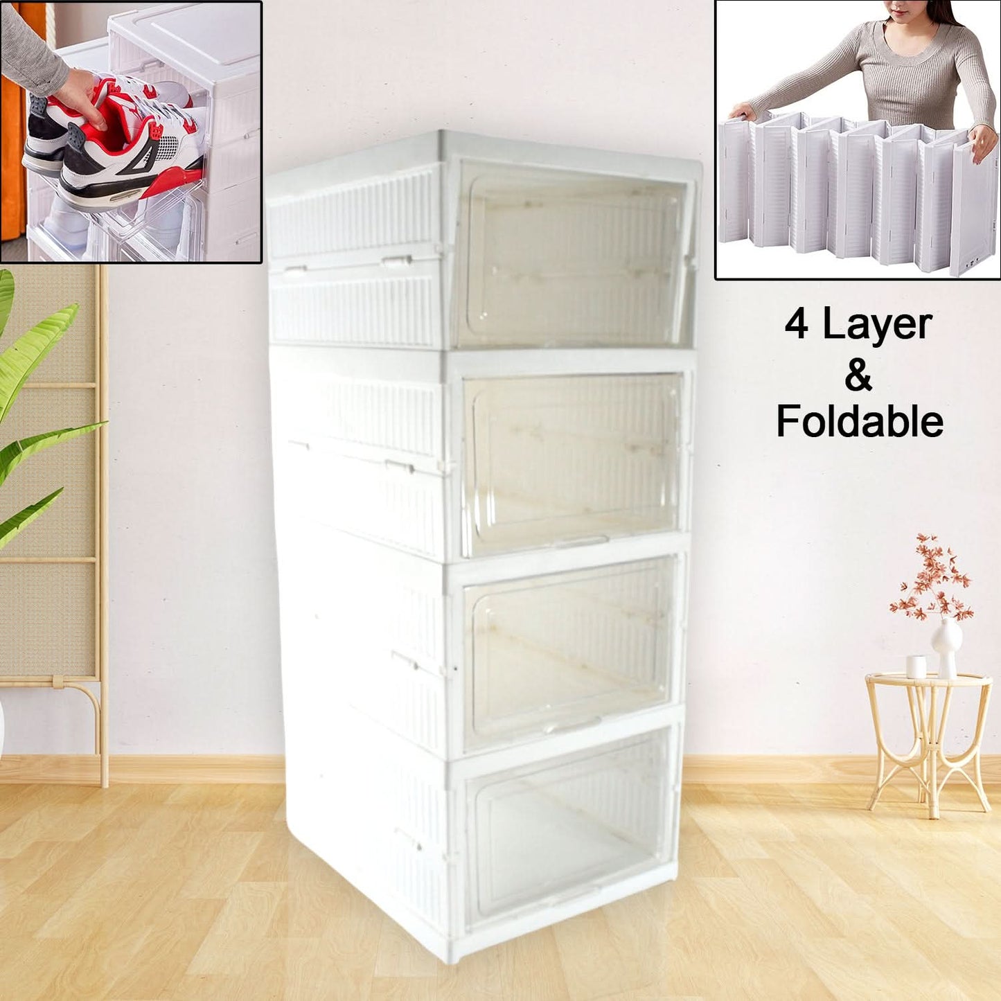 Multi-Purpose Storage Rack 4-Tier Foldable Shelf for Clothes & Pantry