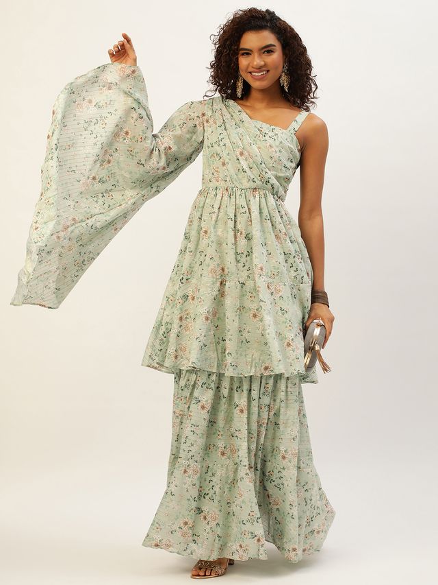 Bollywood Vogue Ready To Wear Green Muslin Digital Printed Gown