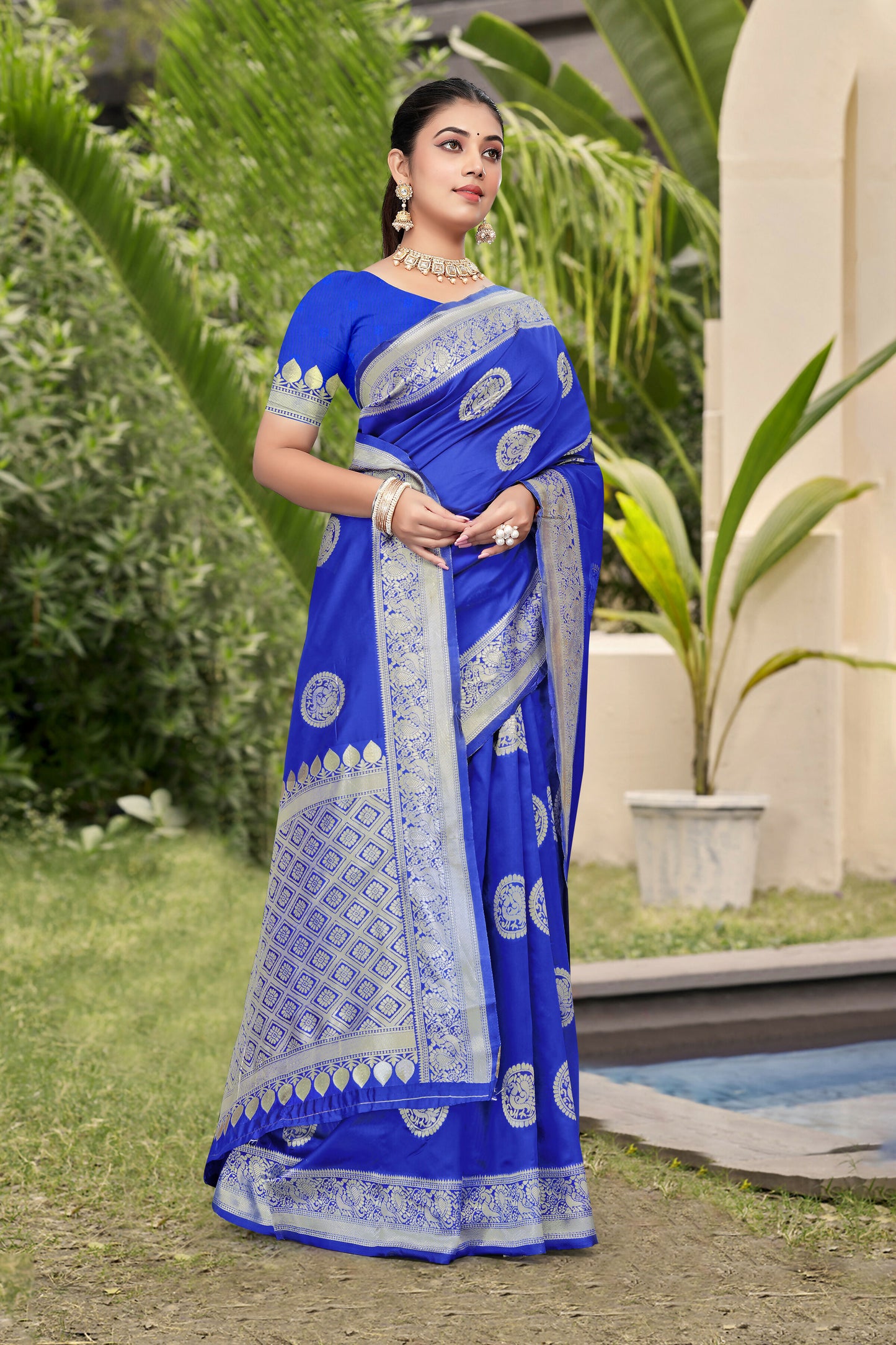 AXONIT Classic Royal Blue Banarasi Silk Saree with Silver Zari Border