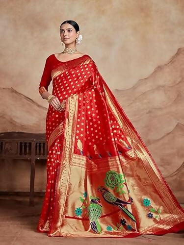 AXONIT Royal Radiance Red Soft Silk Saree with Golden Zari Peacock Pallu