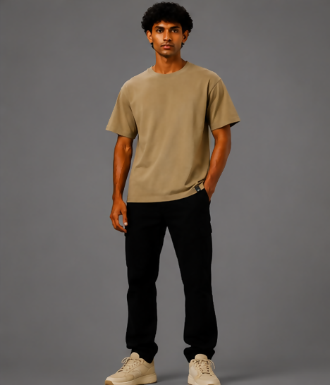 HUSTLE Men's Crew Neck Relaxed Fit T-Shirt – Khaki(relax fit)