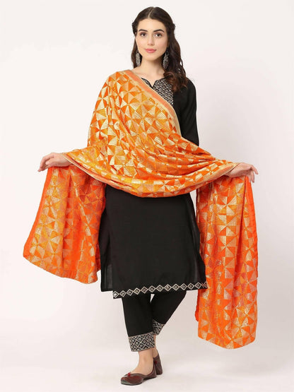 Orange Phulkari Embroiidery Bagh Dupatta - HalfPe