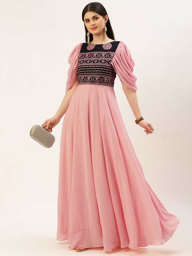 Bollywood Vogue Ready To Wear Navy Blue Embroidered Round Neck Gown