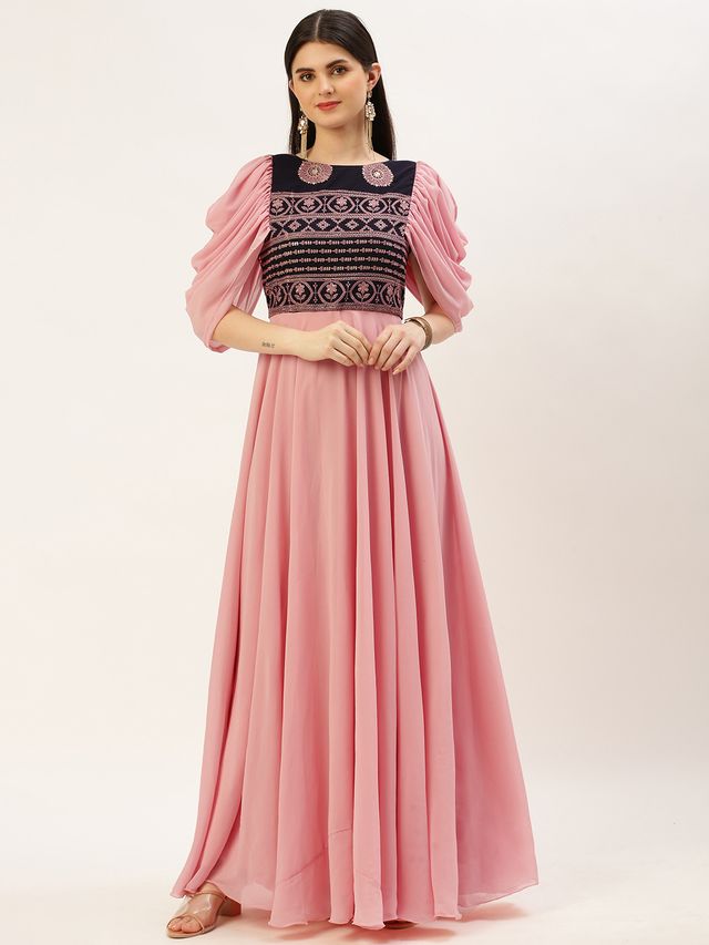 Bollywood Vogue Ready To Wear Navy Blue Embroidered Round Neck Gown