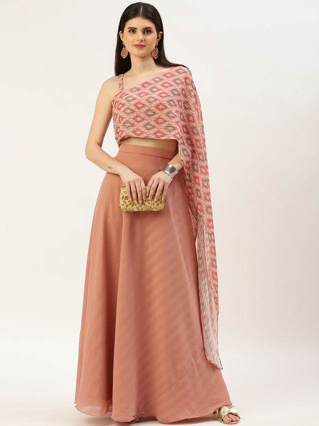 Bollywood Vogue Ready To Wear Multicolored Digital Printed N Mauve Chiffon Skirt Set