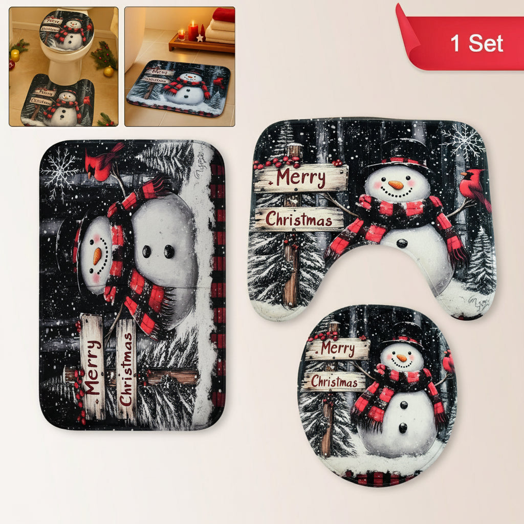 3 in1 Christmas-Themed 3-Piece Bathroom Mat Set – Snowman Print with Soft Microfiber with Anti-Skid Backing- (1 Set)