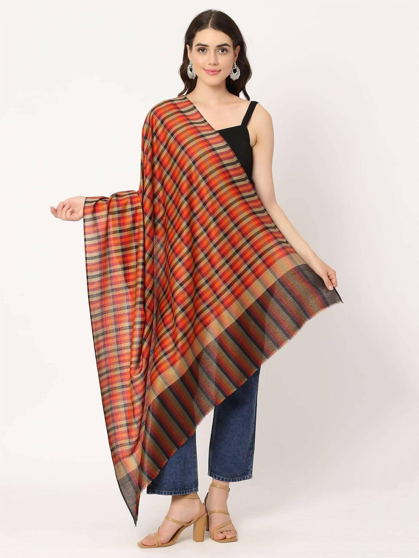 Orange Multicolour Check Shawl for women - HalfPe