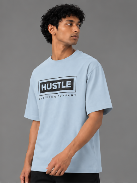 HUSTLE Men's Crew Neck Oversized T-Shirt – Sky Blue(Oversized fit)