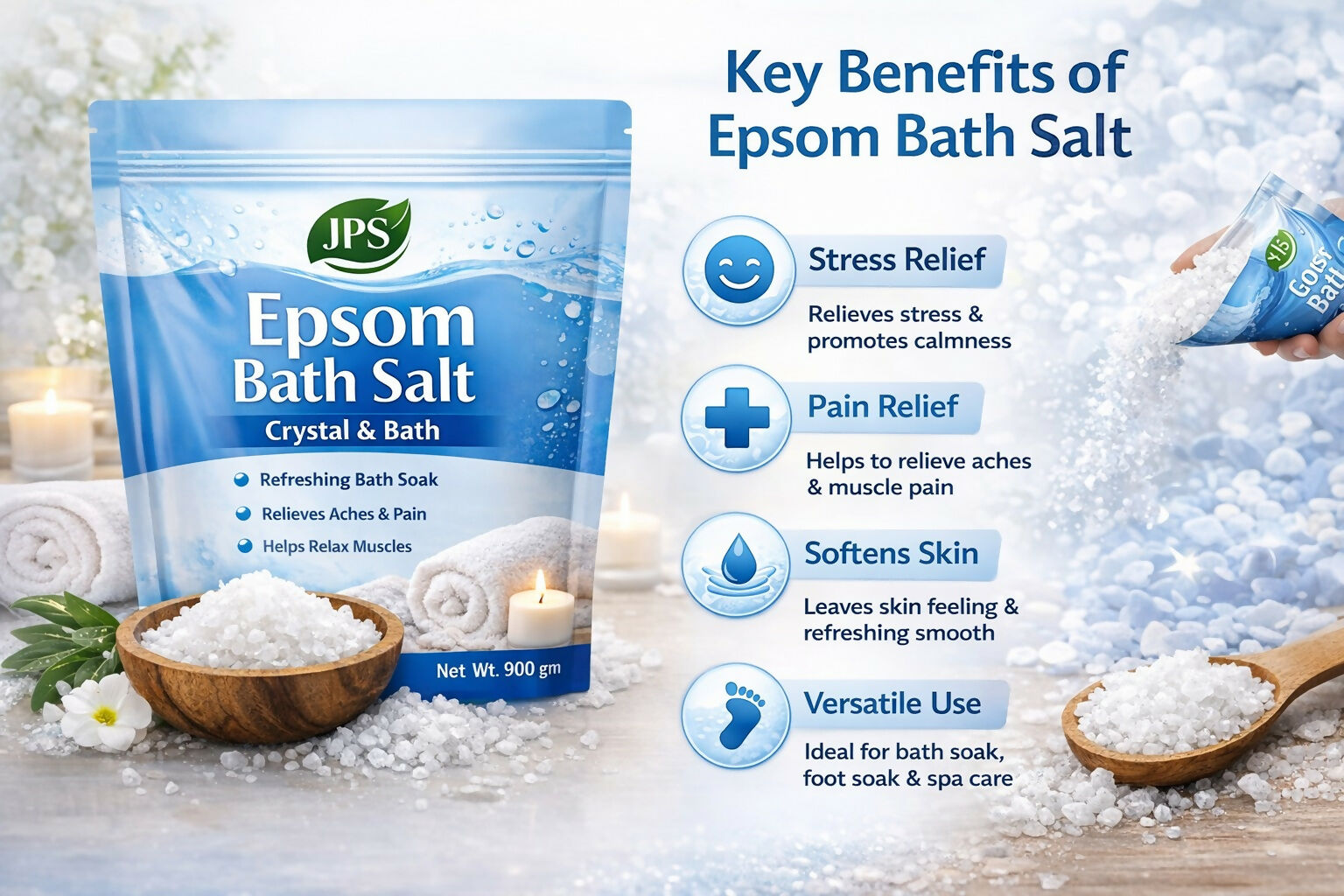JPS Epsom Bath Salt 900g – Pure Magnesium Sulphate for Relaxation, Muscle Relief & Foot Soak JPS PRODUCTS (ACHSA)