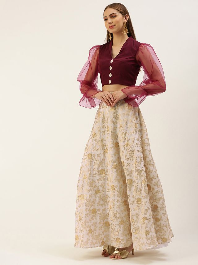 Bollywood Vogue Ready To Wear White Jacquard N Wine Art Silk Skirt Set