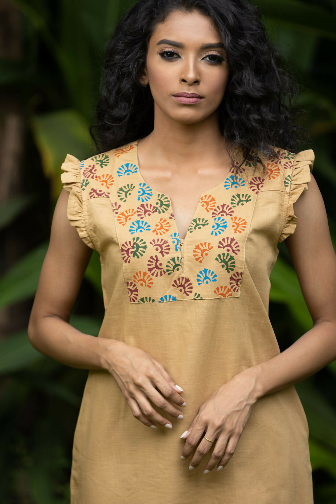 Belle Colourful Printed Cotton Linen Knee Length Dress With Frilled Sleeves And Pleated Hem Studio Sienna