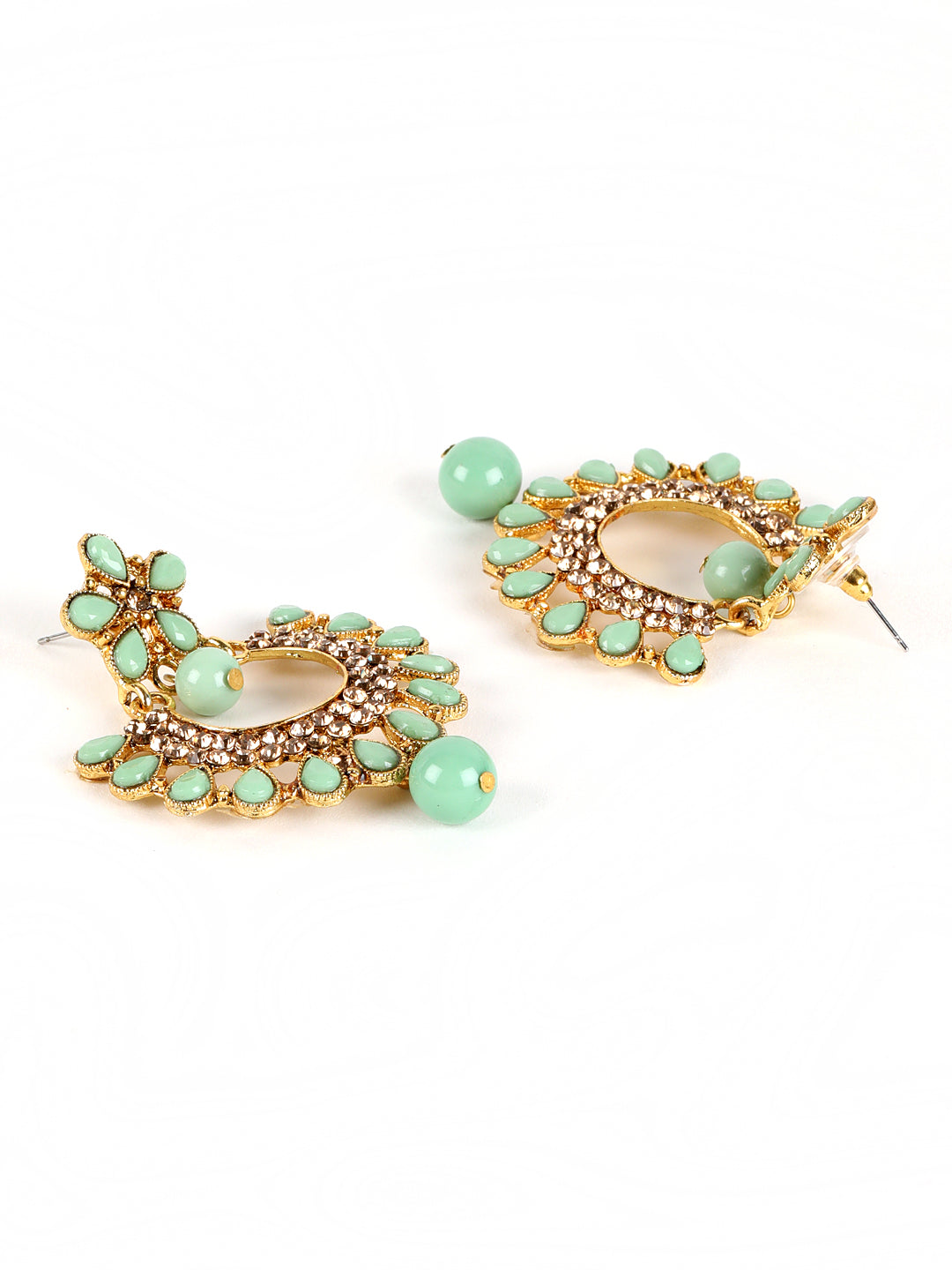 Green Gold-Plated Kundan-Studded Handcrafted Crescent-Shaped Chandbalis