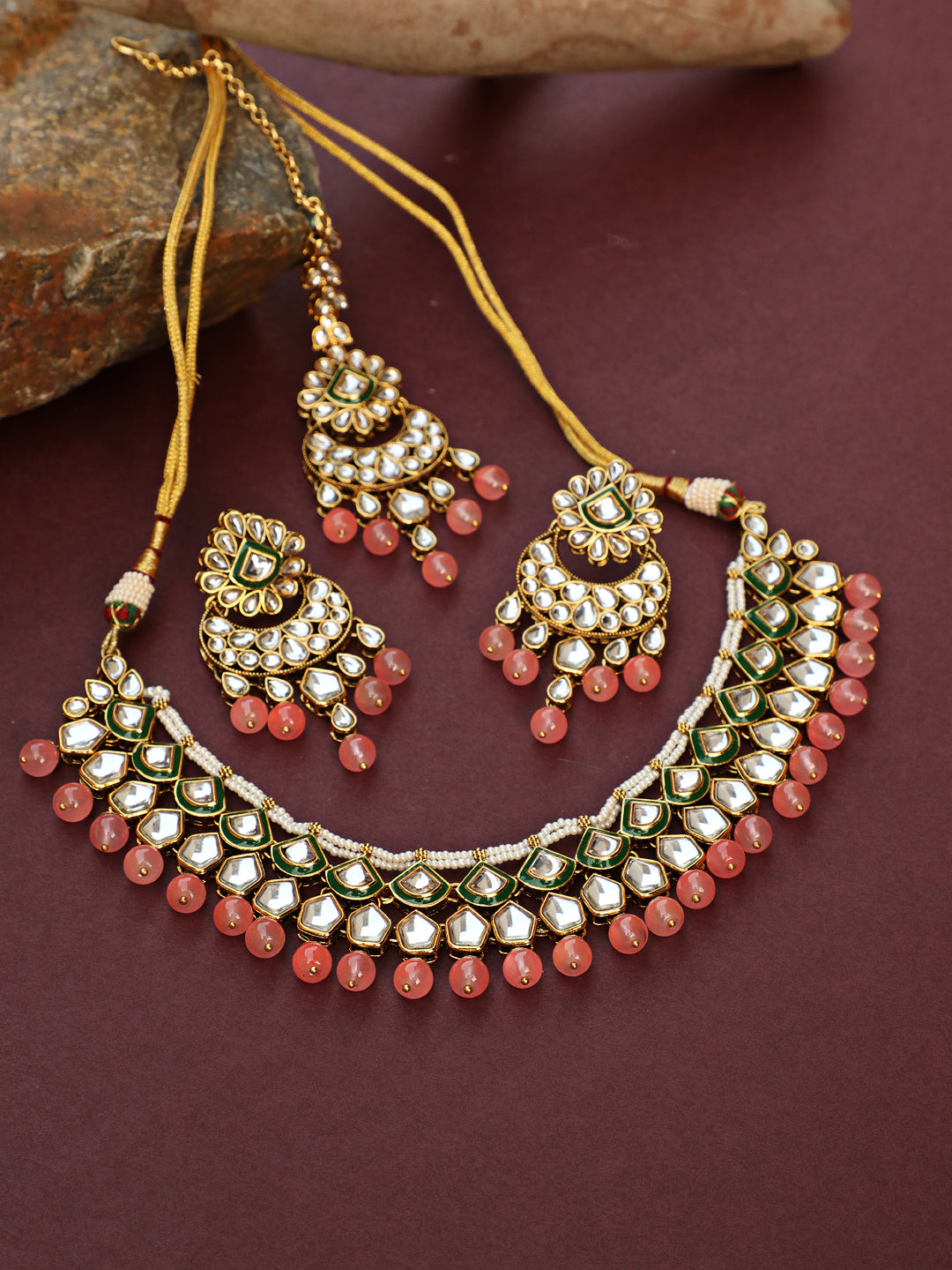 Gold-Plated Pink & White Kundan-Studded Beaded Handcrafted Jewellery