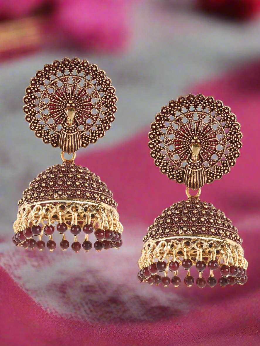Jazz And Sizzle Designer Gold Plated Peacock Shape Enamelled Traditional Everyday Jhumka Earrings