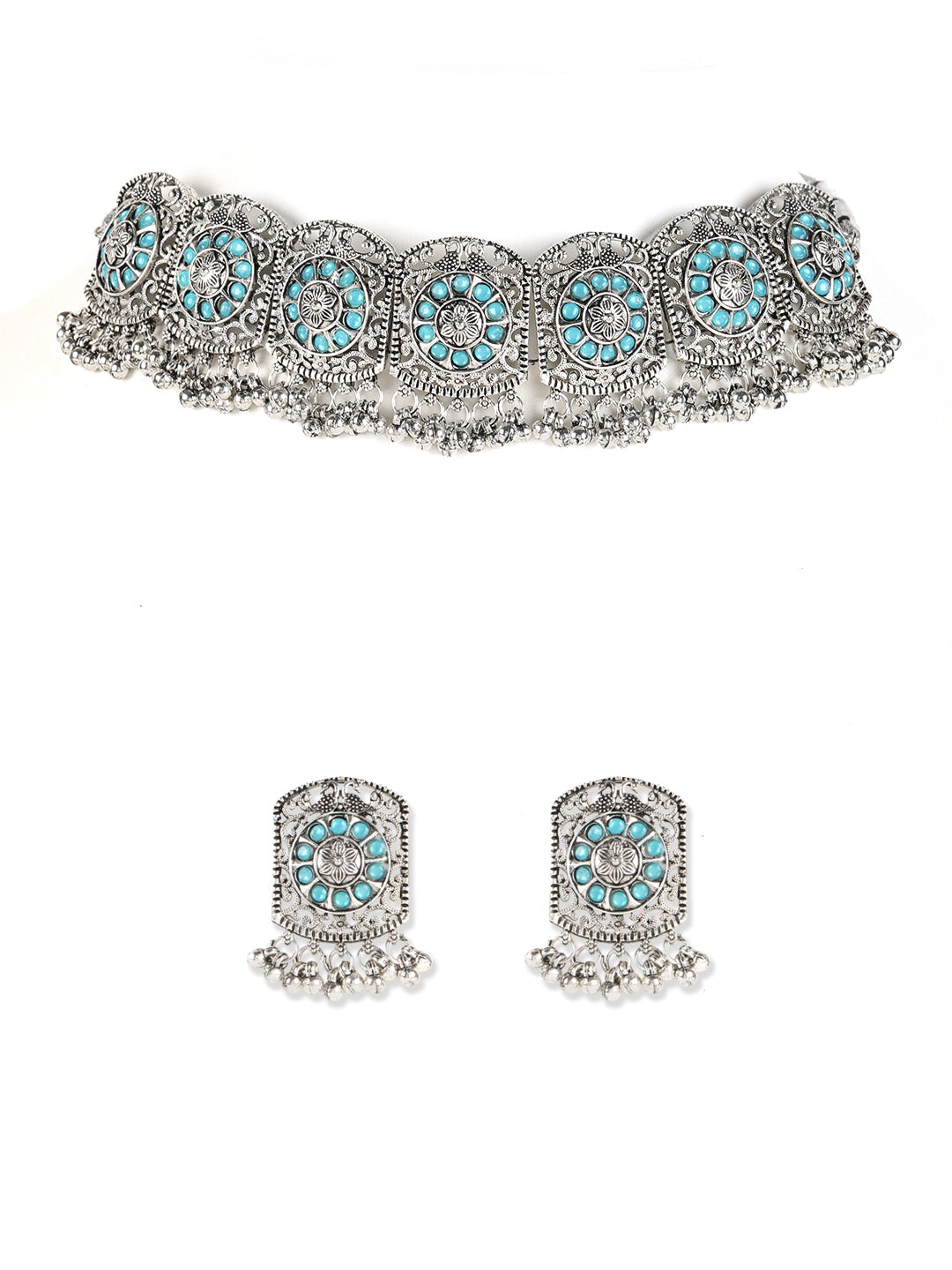 Blue Stones Studded Silver Plated Choker Set