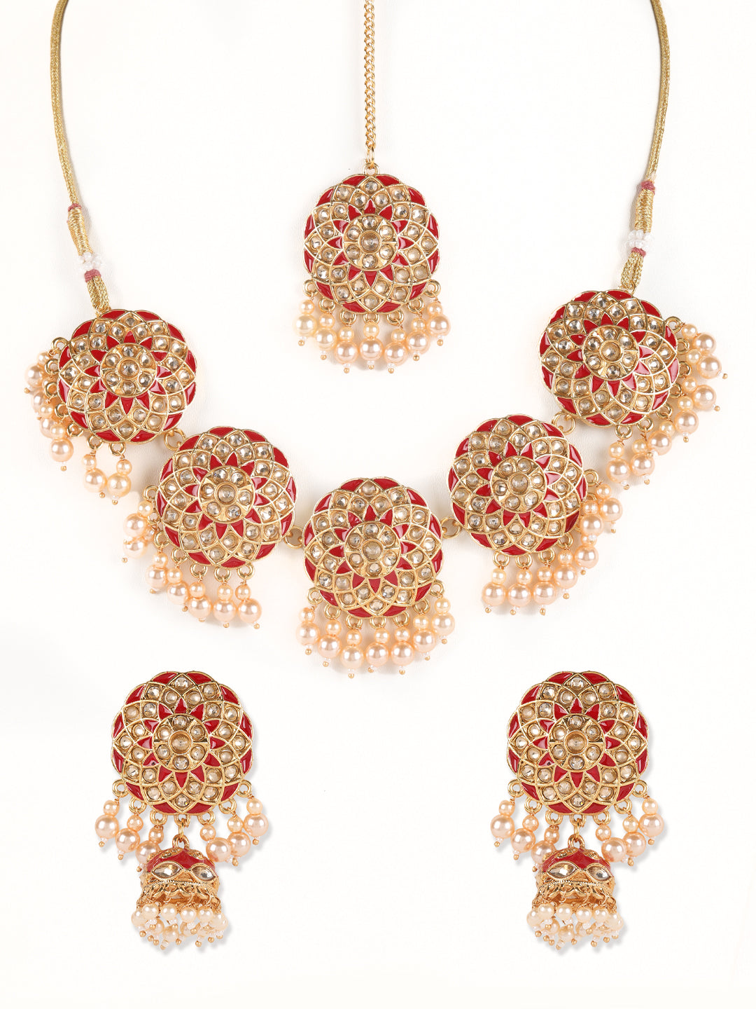 Red Kundan Pearls Gold Plated Choker Set With Maangtikka