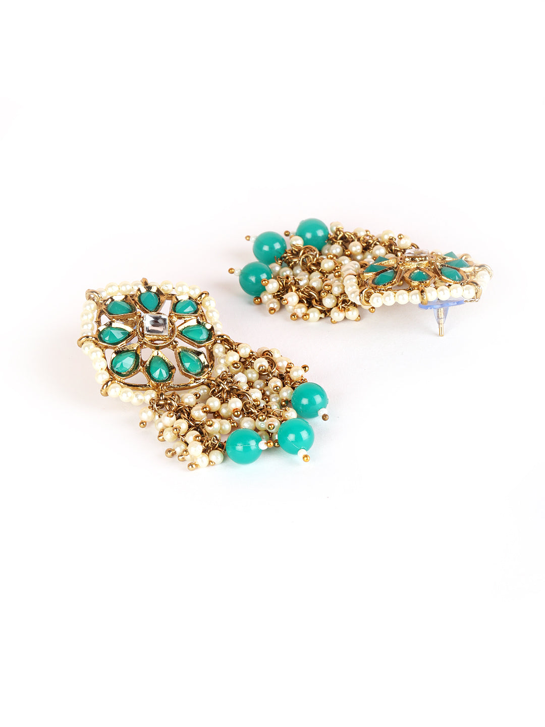 Green Kundan Stone Studded & Pearl Beaded Strand Drop Earrings