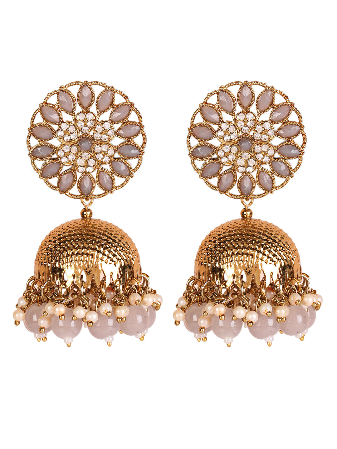 Grey Antique Gold-Plated Studded Dome Shaped Jhumkas