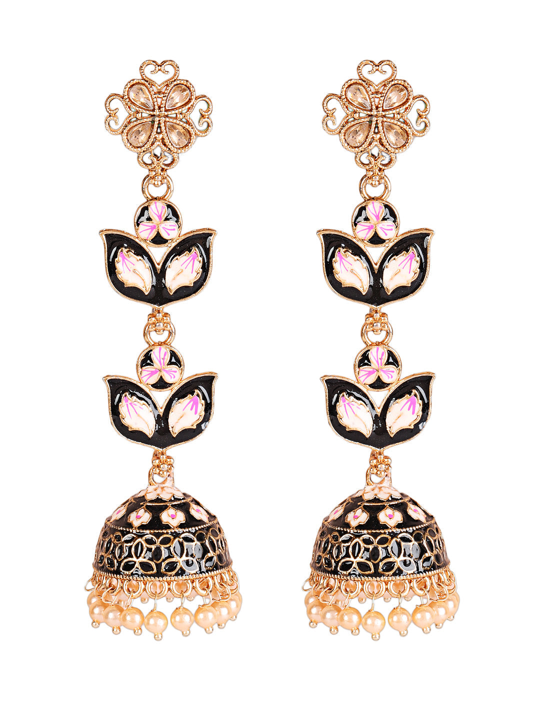 Black & Pink Meenakari Enamel Dome Shaped Long Jhumka Earrings