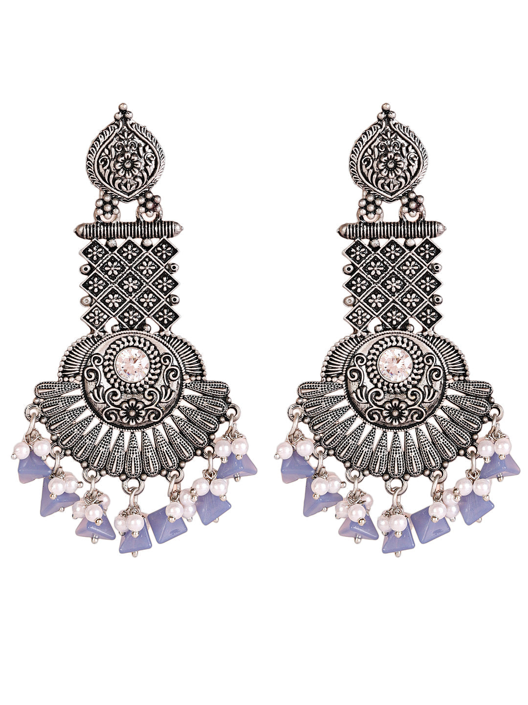Blue Stone Studded & Beaded Silver Plated Drop Earrings