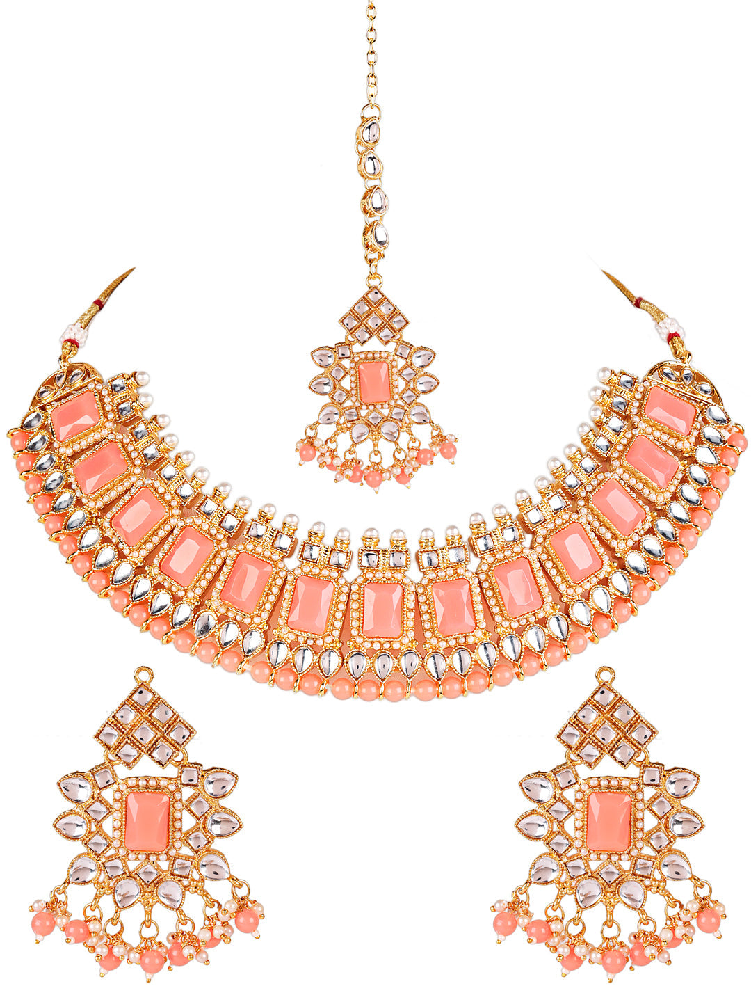 Pink Gold-Plated Kundan Beaded Necklace Set With Maangtika