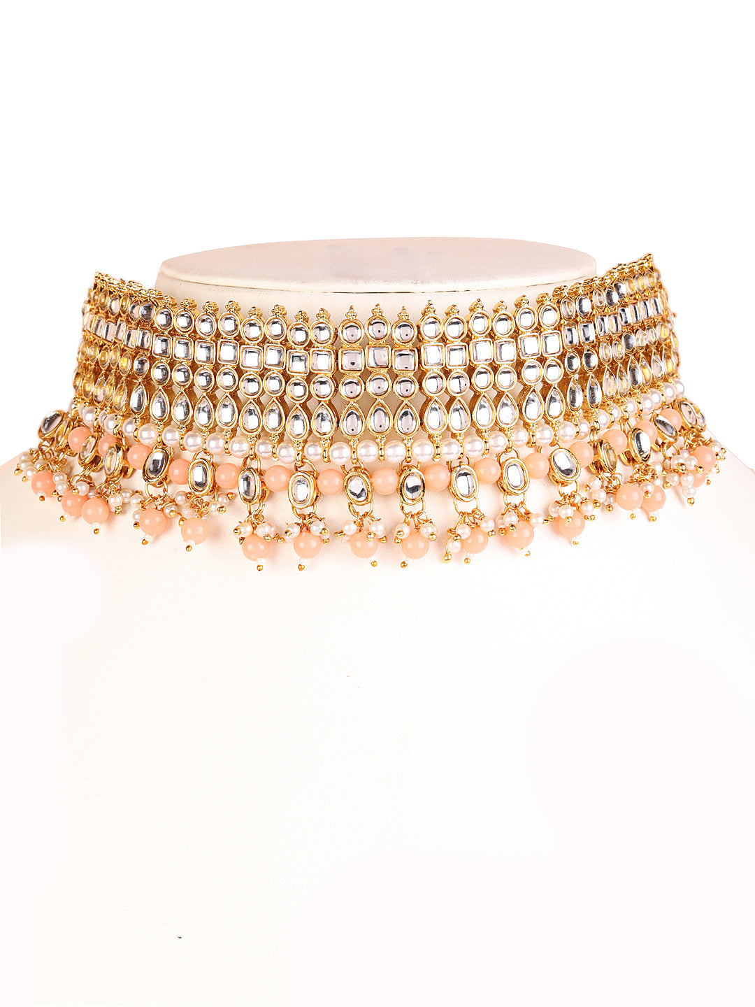 Peach & White Gold-Plated Kundan Studded & Beaded Handcrafted Jewellery Set