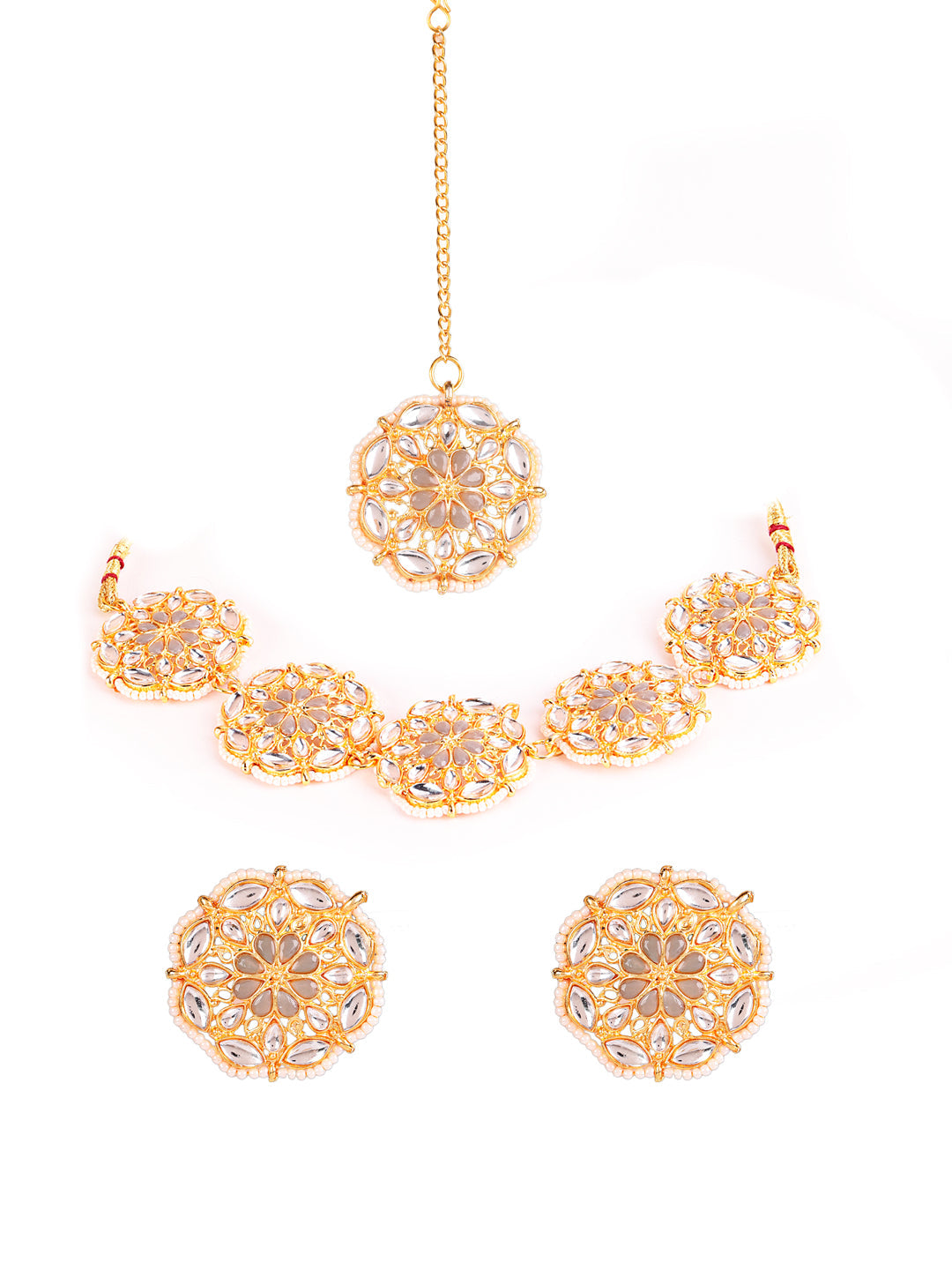 Gold-Plated Kundan Choker Necklace Earring & Maangtika Set