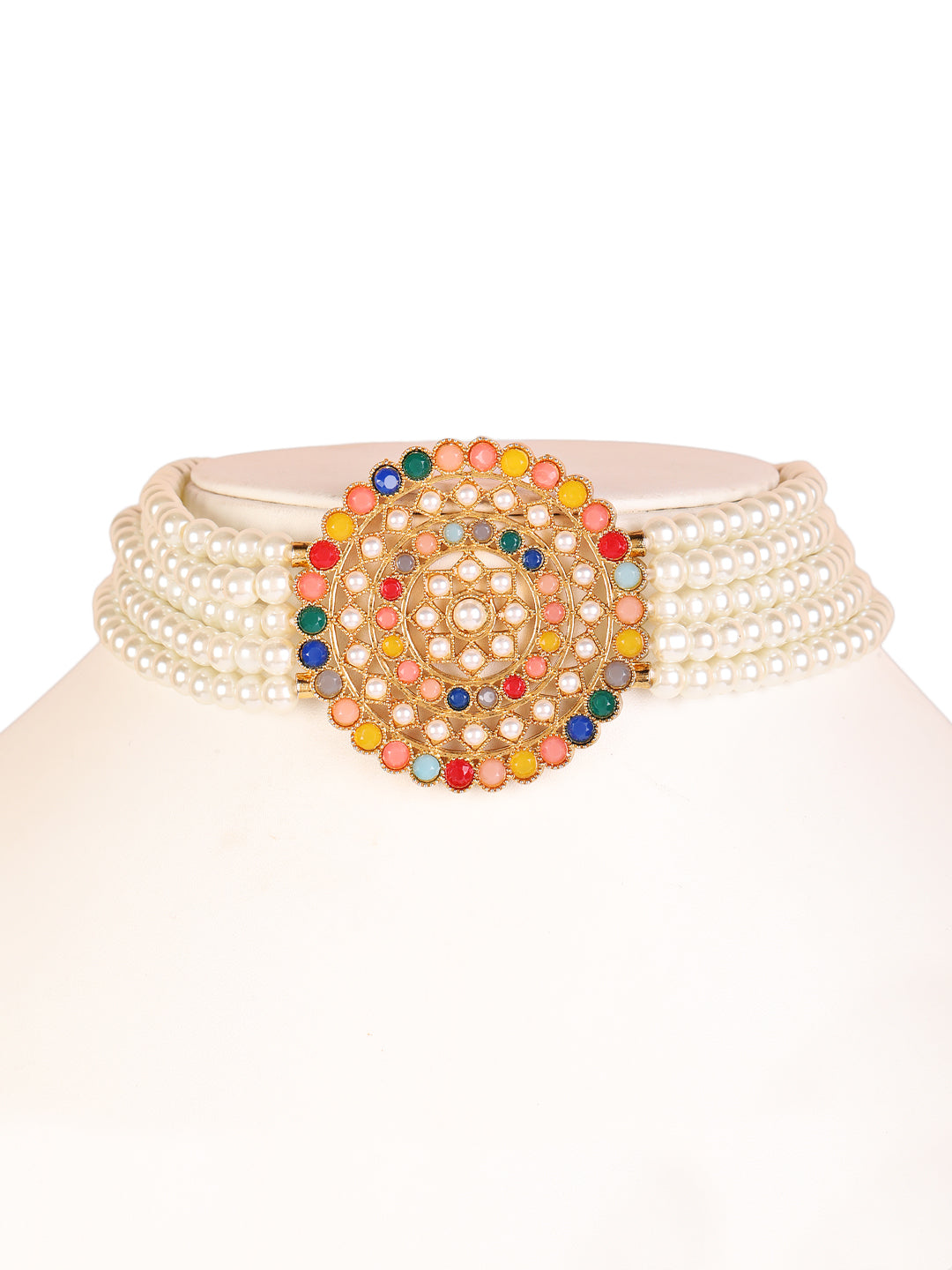 Gold-Plated White & Green Pearl-Studded Choker Jewellery Set