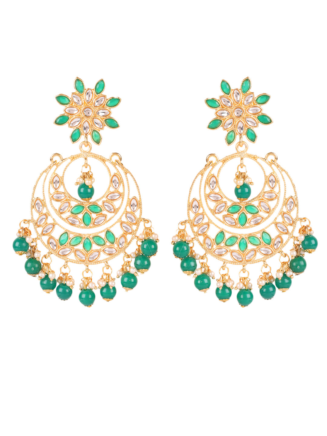 Gold-Toned Green & White Kundan Stone Studded & Pearls Beaded Traditional Maangtikka & Earrings Set