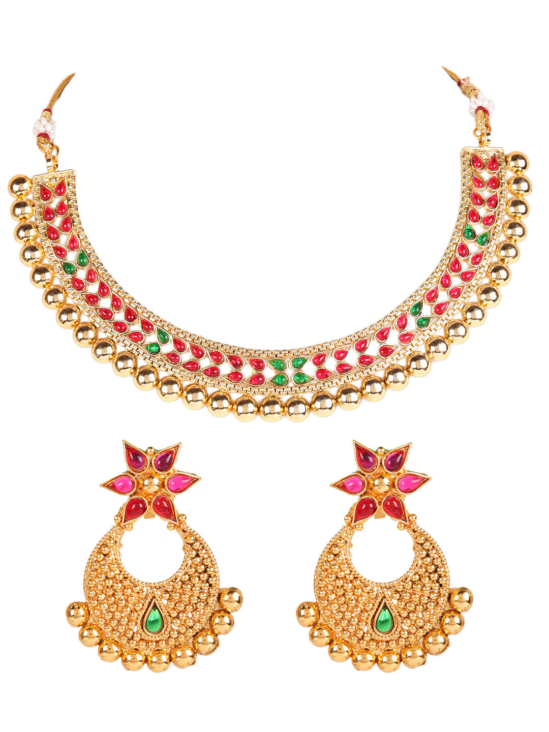 Gold-Plated Red & Green Stone Studded Handcrafted Jewellery Set