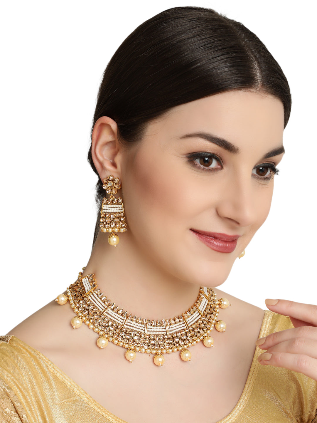 Gold Plated Mirror Studded White Beads Reversible Necklace Set