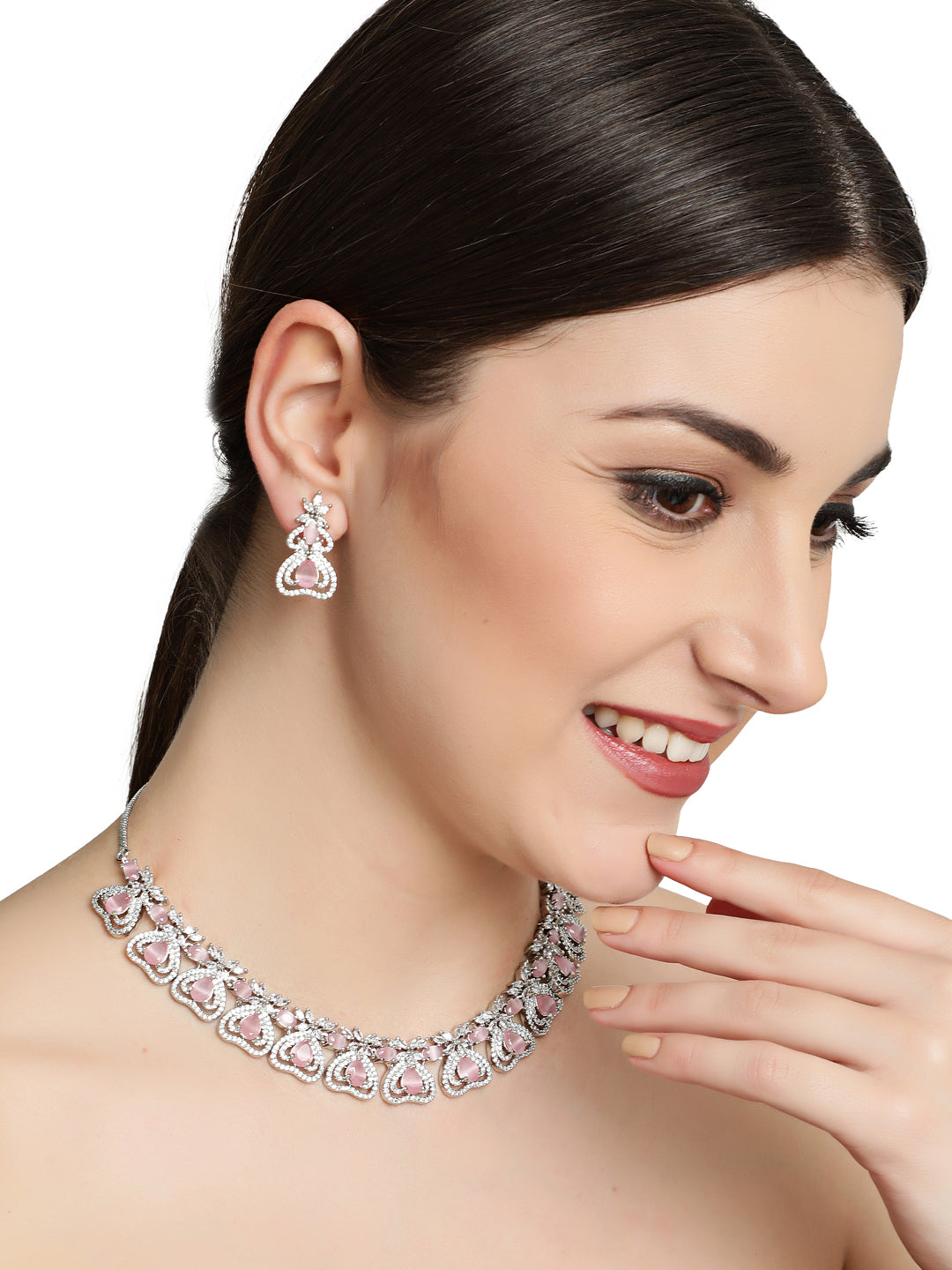 Silver-Plated Crystal Studded Pink American Diamond Handcrafted Necklace Set