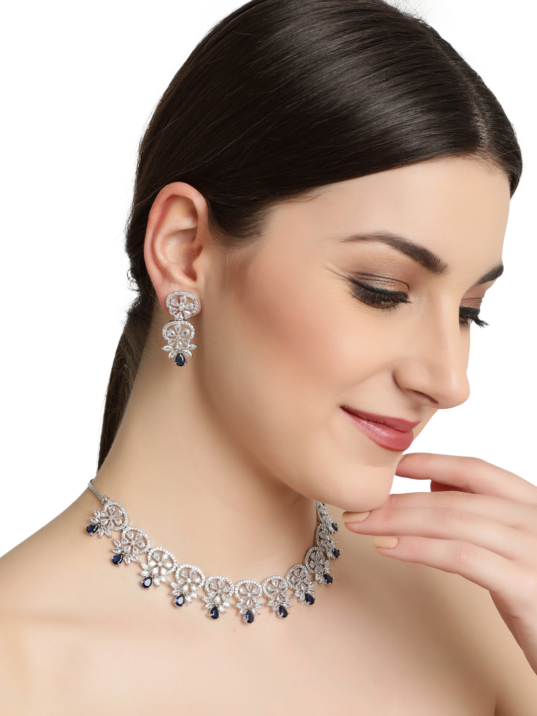 Silver Plated Crystal Studded Blue American Diamond Handcrafted Necklace Set