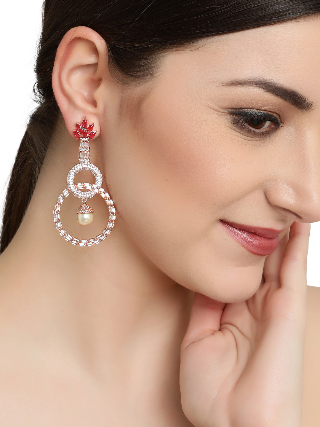 Red & Rose Gold-Plated American Diamond Circulat Shaped Drop Earrings