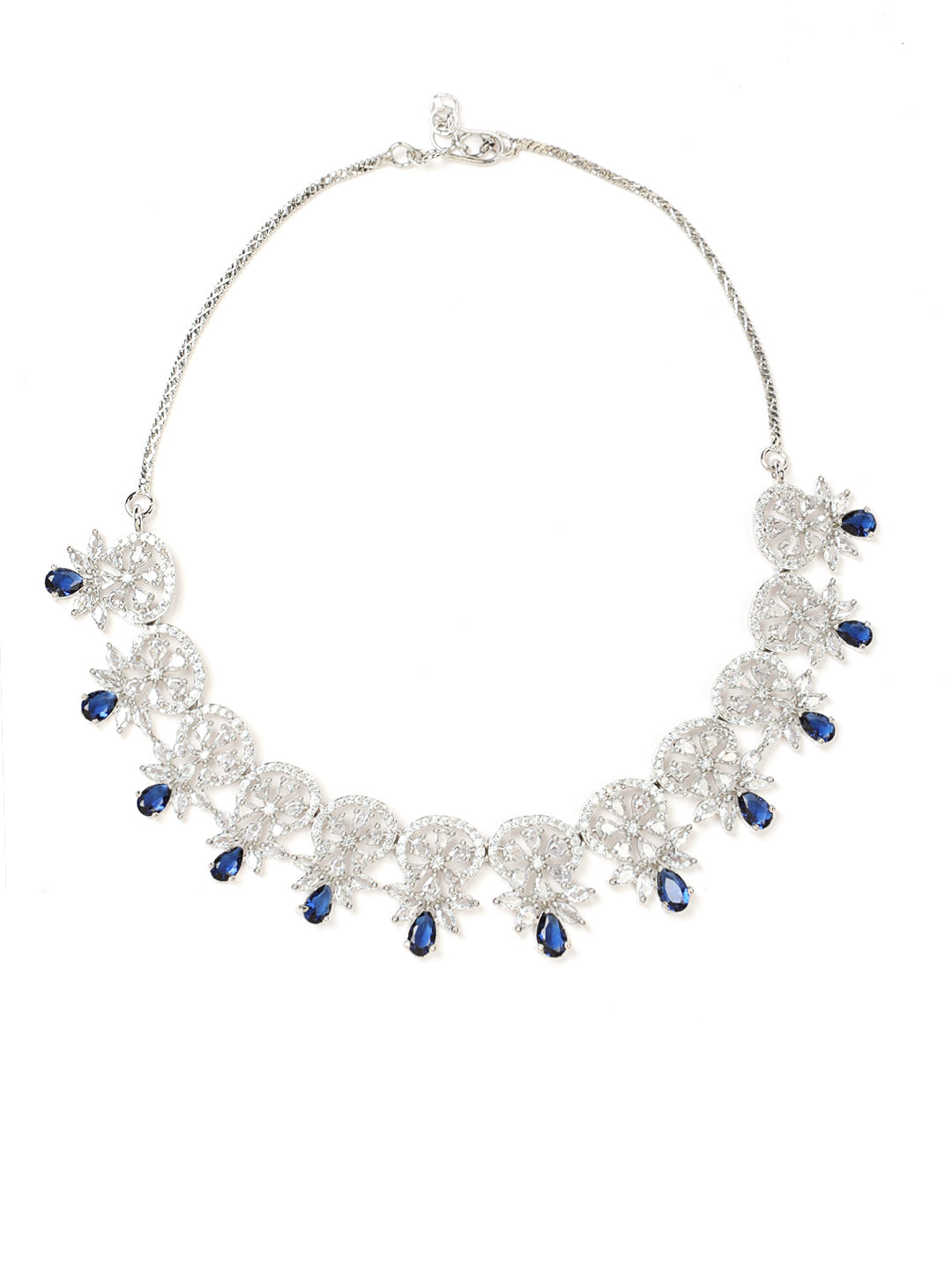 Silver Plated Crystal Studded Blue American Diamond Handcrafted Necklace Set