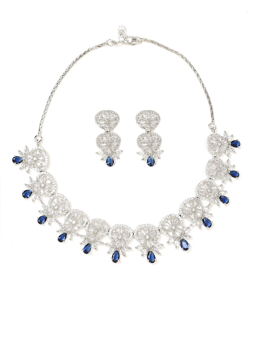 Silver Plated Crystal Studded Blue American Diamond Handcrafted Necklace Set